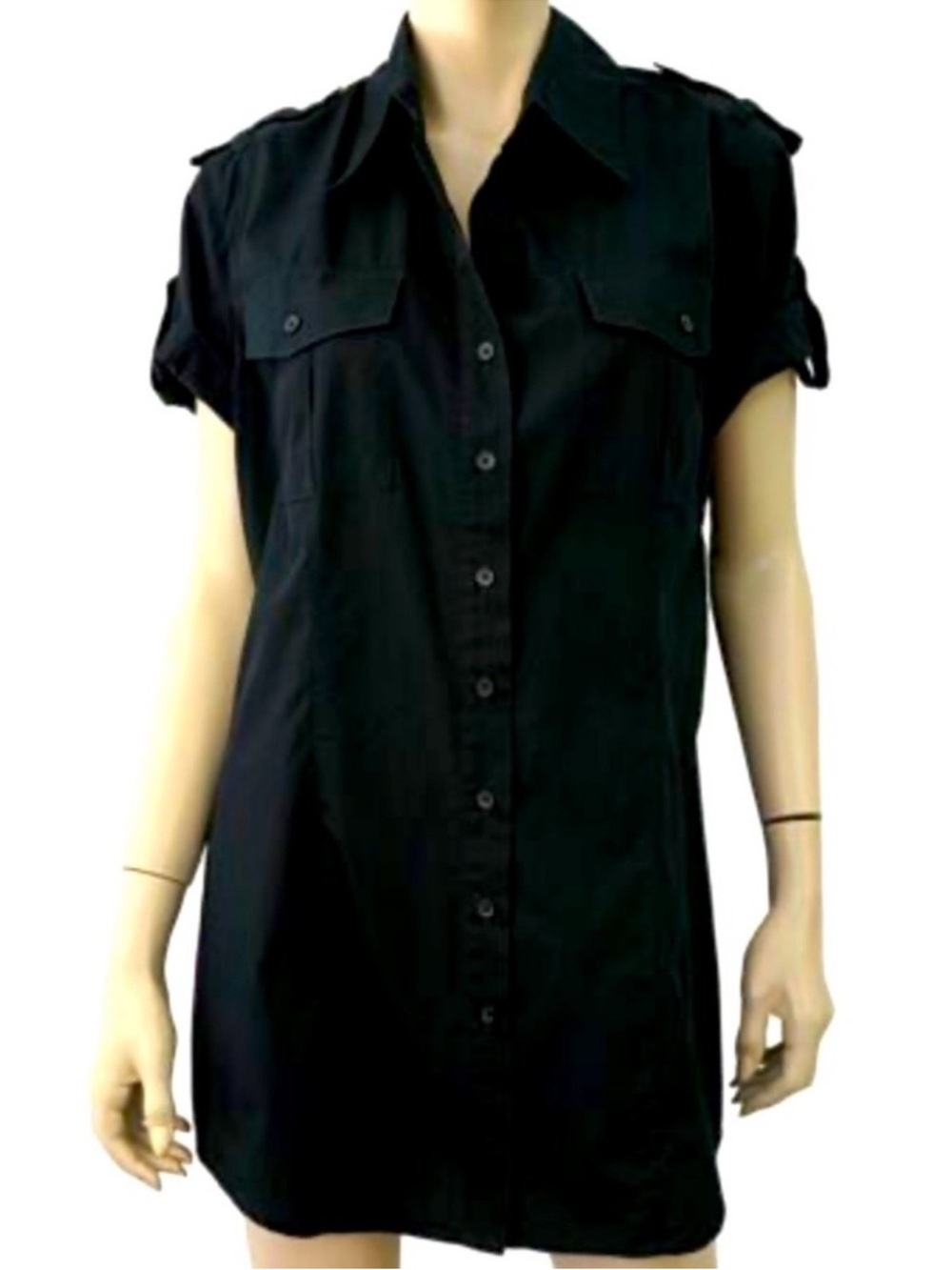 Norma Kamali Black Button-Front Short Sleeve Shirt Dress